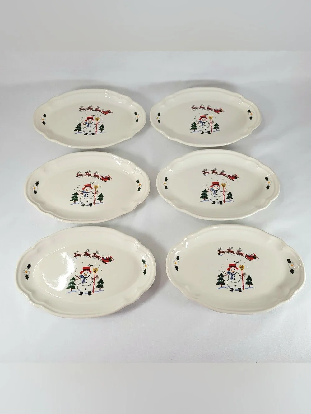 Pfaltzgraff Snow Village Relish Oval Dish Plate Vtg Christmas Snowman Set of 6